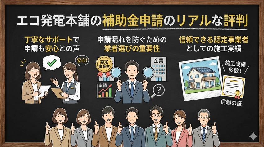 エコ発電本舗の補助金申請のリアルな評判この章のポイント丁寧なサポートで申請も安心との声申請漏れを防ぐための業者選びの重要性信頼できる認定事業者としての施工実績