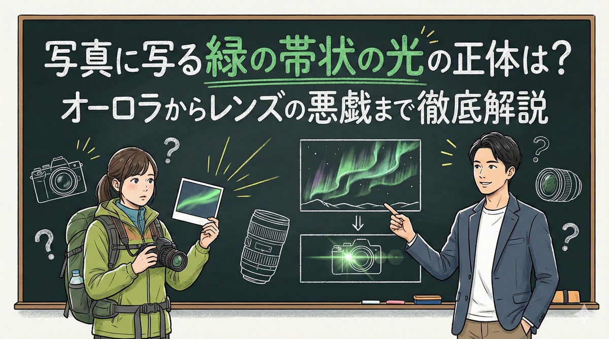 写真に写る緑の帯状の光の正体は?オーロラからレンズの悪戯まで徹底解説